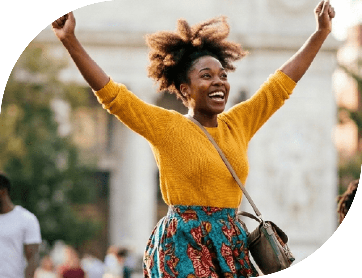 Joyful woman holding rewards phone